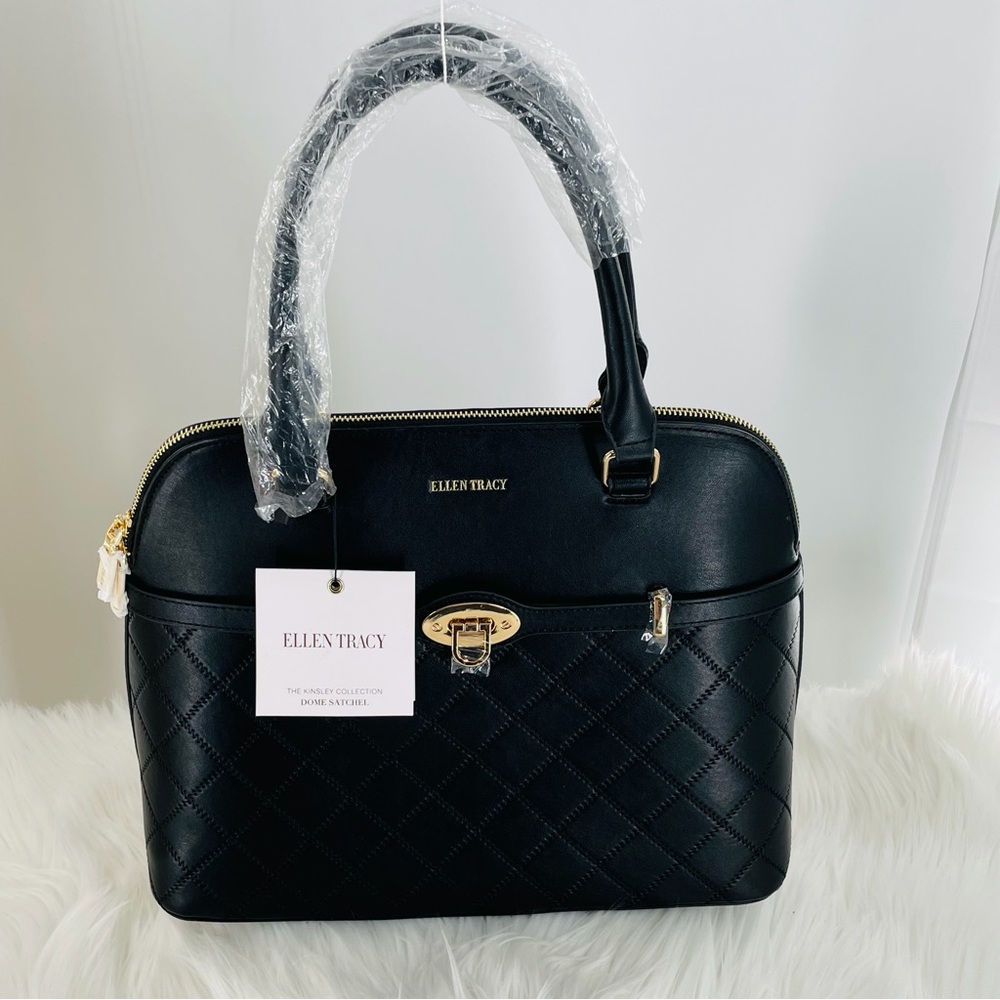 Ellen Tracy Black Quilted Design Dome Satchel Purse